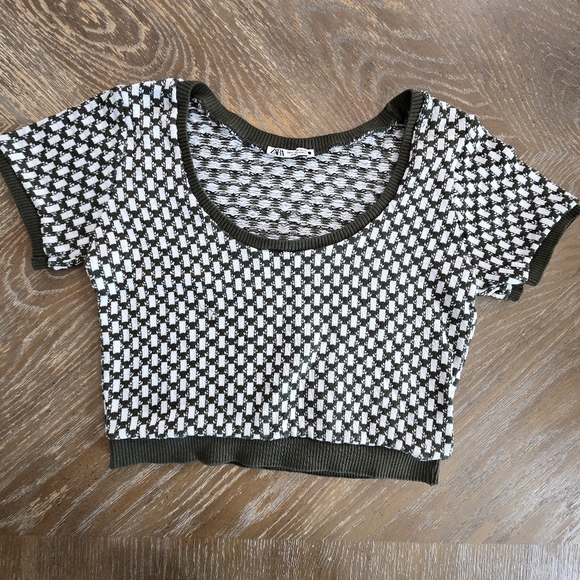 Zara Textured Knit Crop Sweater Top Short Sleeve Olive Trim Women’s M - Picture 1 of 4
